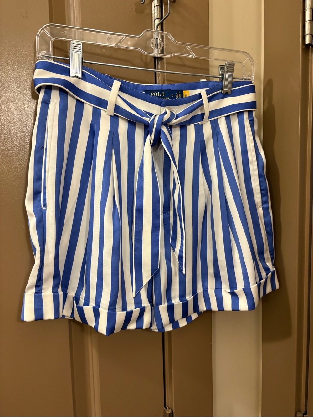 Polo Ralph Lauren Satin Blue and White Striped Tie-Waist Shorts